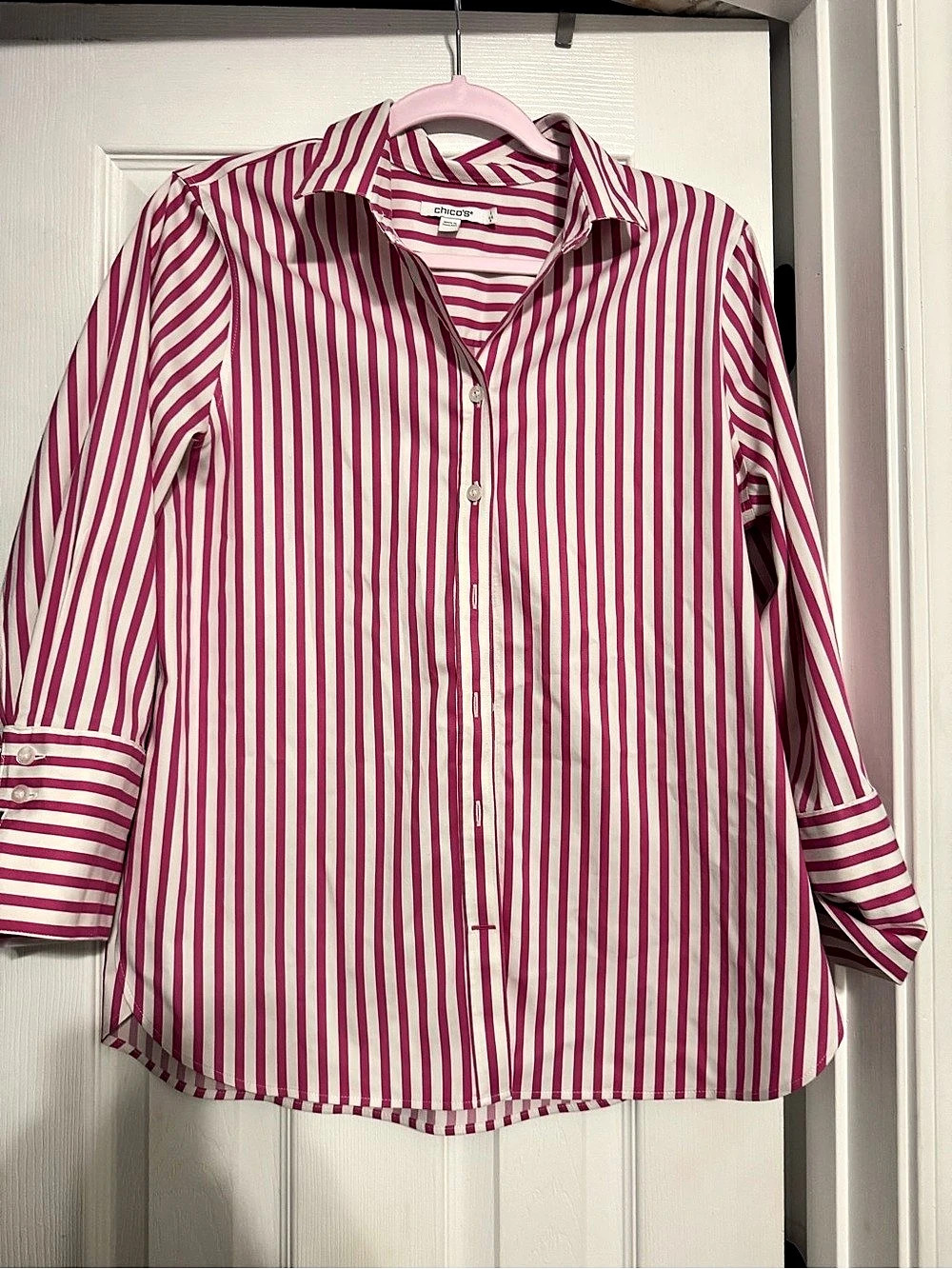 Chico's Striped Button Down Shirt in Pink & White Size 8